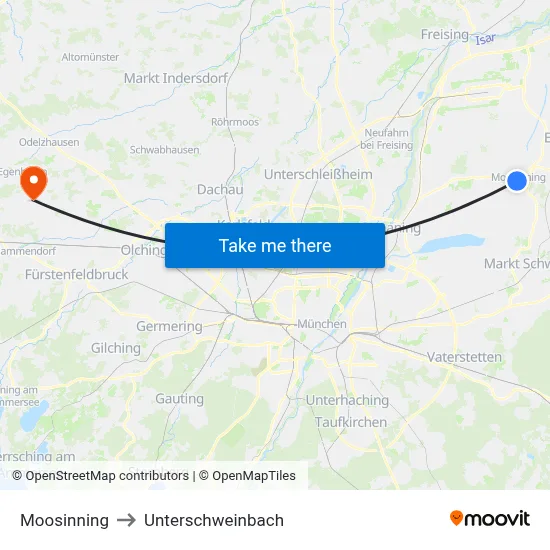 Moosinning to Unterschweinbach map