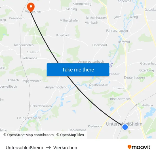 Unterschleißheim to Vierkirchen map