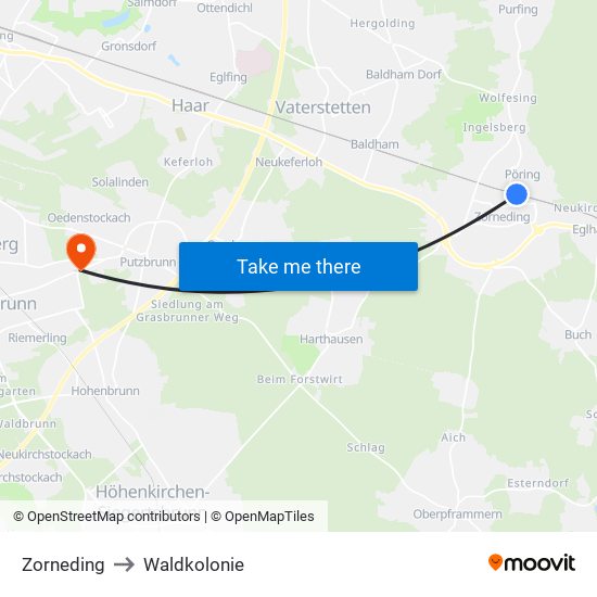 Zorneding to Waldkolonie map