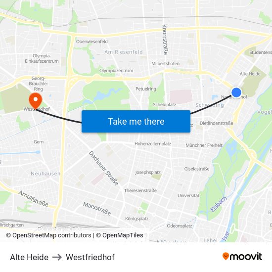 Alte Heide to Westfriedhof map