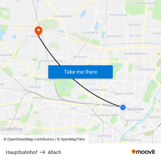 Hauptbahnhof to Allach map