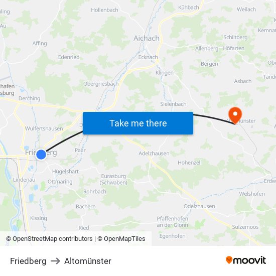 Friedberg to Altomünster map