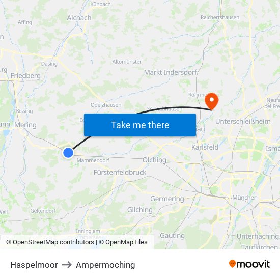 Haspelmoor to Ampermoching map