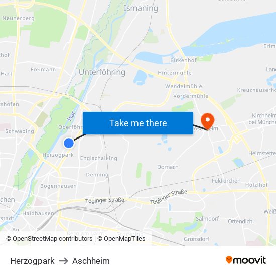 Herzogpark to Aschheim map