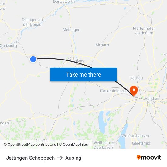 Jettingen-Scheppach to Aubing map