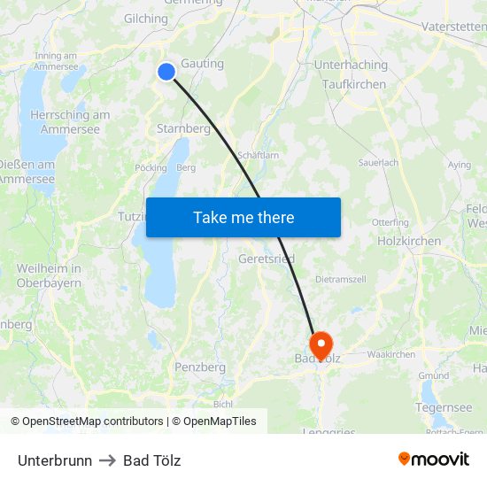 Unterbrunn to Bad Tölz map