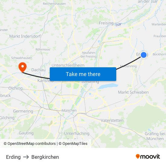 Erding to Bergkirchen map