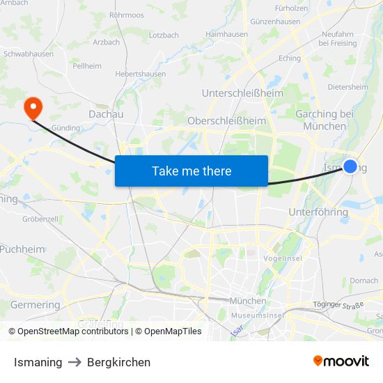Ismaning to Bergkirchen map