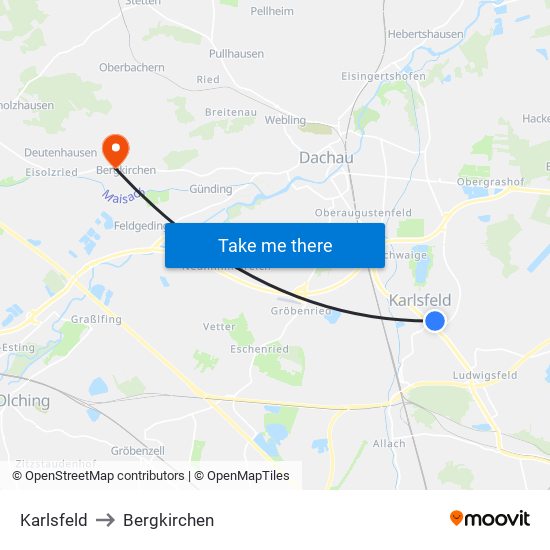 Karlsfeld to Bergkirchen map