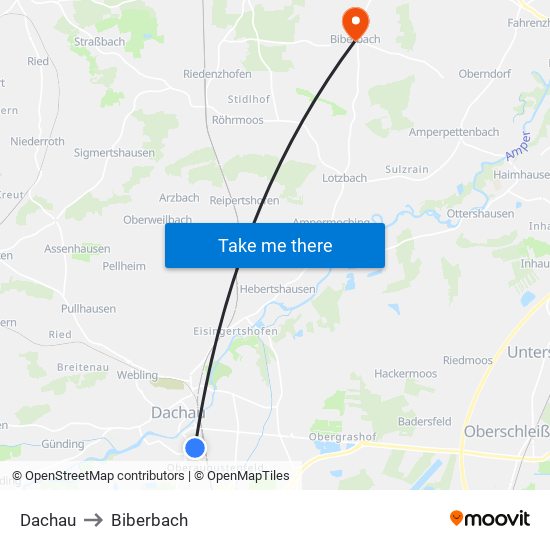 Dachau to Biberbach map
