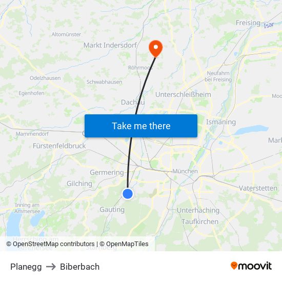Planegg to Biberbach map