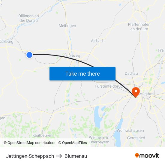 Jettingen-Scheppach to Blumenau map