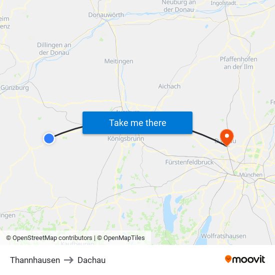 Thannhausen to Dachau map