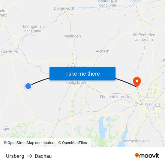 Ursberg to Dachau map