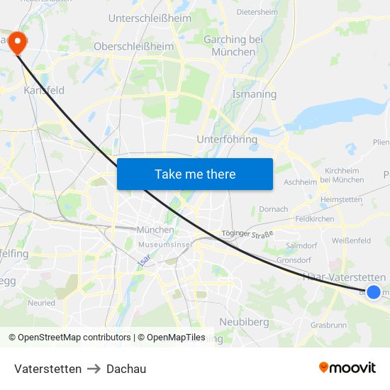 Vaterstetten to Dachau map