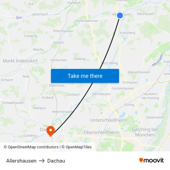 Allershausen to Dachau map