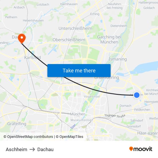 Aschheim to Dachau map