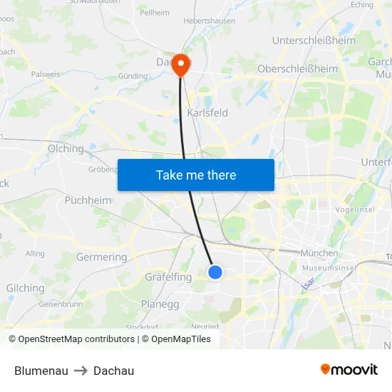 Blumenau to Dachau map