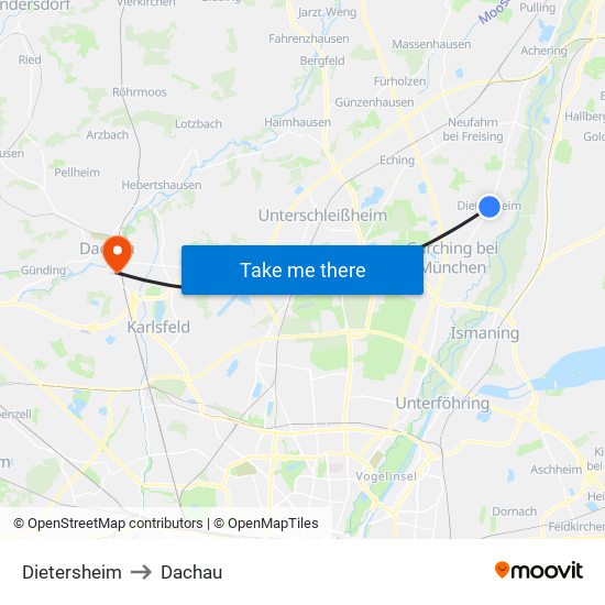 Dietersheim to Dachau map