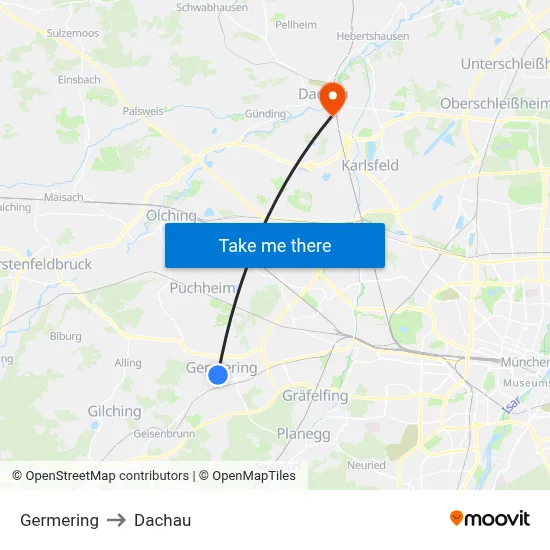 Germering to Dachau map