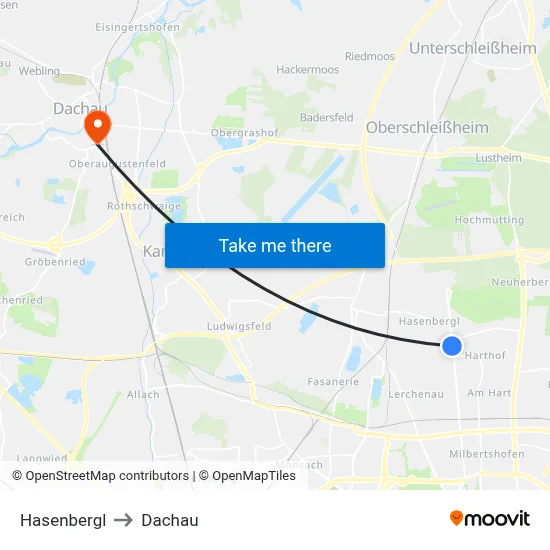 Hasenbergl to Dachau map