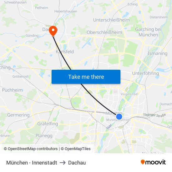 München - Innenstadt to Dachau map