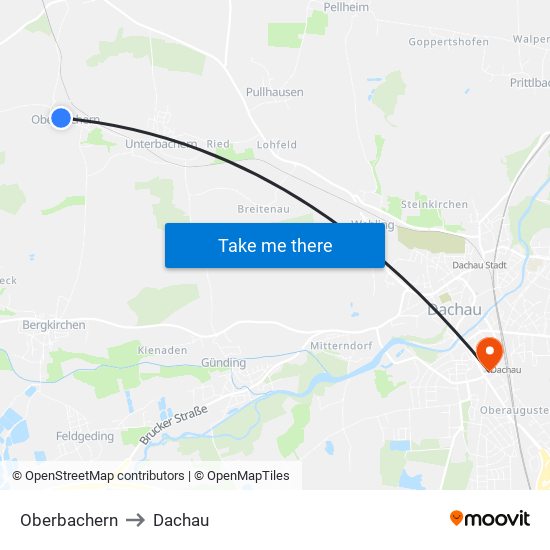 Oberbachern to Dachau map