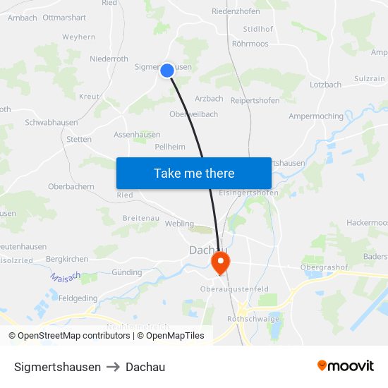 Sigmertshausen to Dachau map