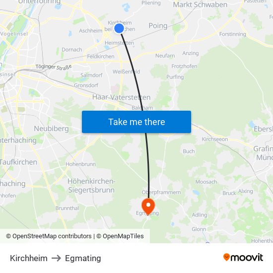 Kirchheim to Egmating map