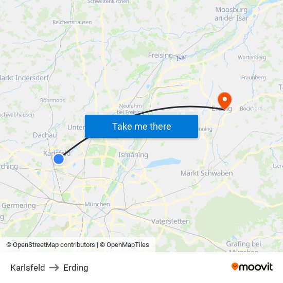 Karlsfeld to Erding map