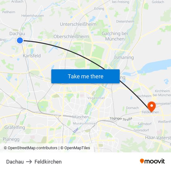 Dachau to Feldkirchen map