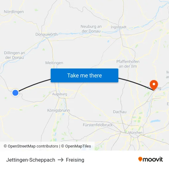 Jettingen-Scheppach to Freising map