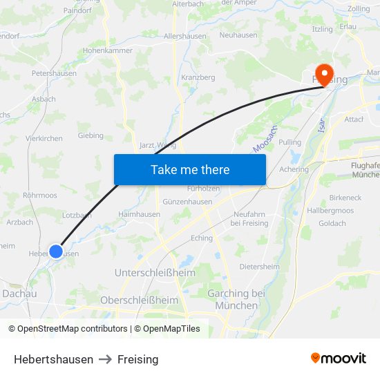 Hebertshausen to Freising map