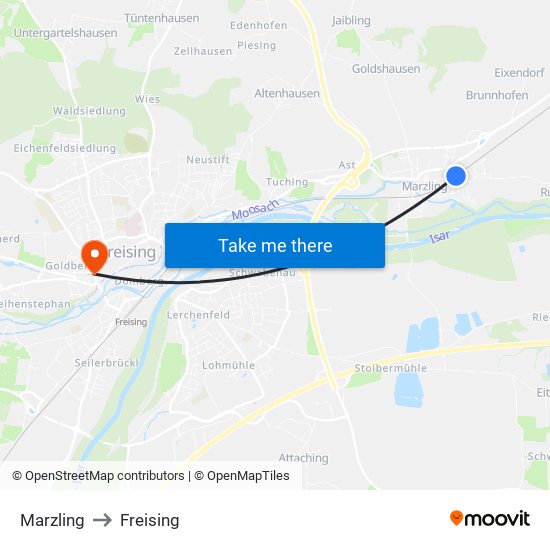 Marzling to Freising map