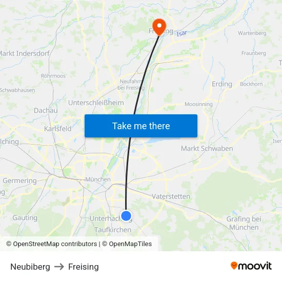 Neubiberg to Freising map