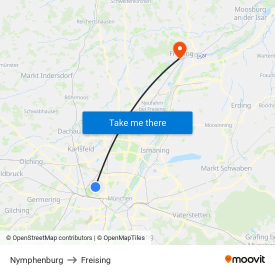Nymphenburg to Freising map