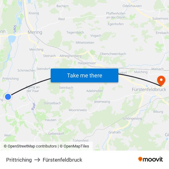 Prittriching to Fürstenfeldbruck map