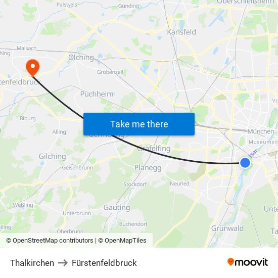 Thalkirchen to Fürstenfeldbruck map