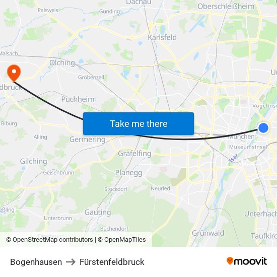 Bogenhausen to Fürstenfeldbruck map