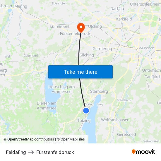 Feldafing to Fürstenfeldbruck map