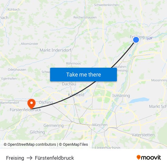 Freising to Fürstenfeldbruck map