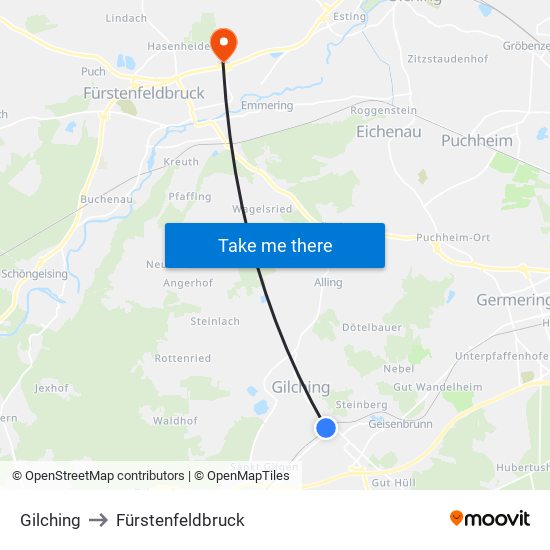 Gilching to Fürstenfeldbruck map