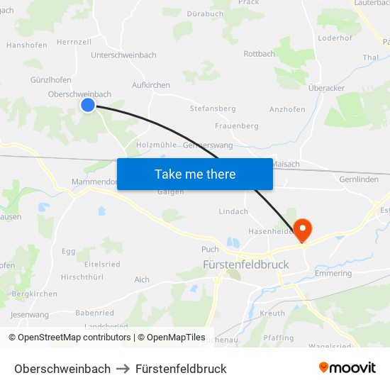 Oberschweinbach to Fürstenfeldbruck map