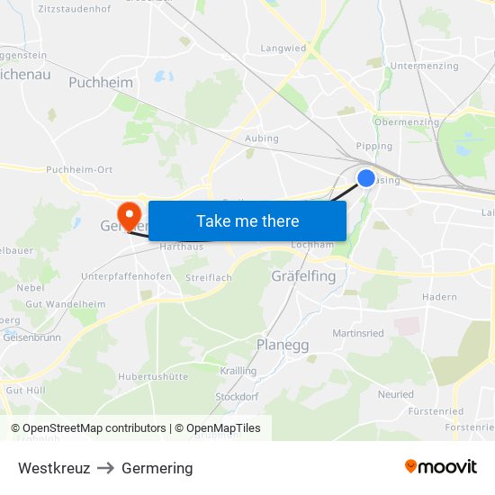 Westkreuz to Germering map