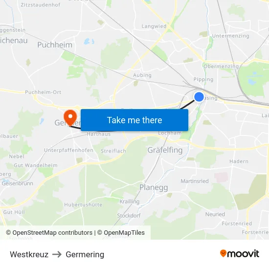 Westkreuz to Germering map