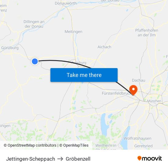 Jettingen-Scheppach to Gröbenzell map