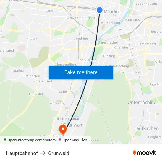 Hauptbahnhof to Grünwald map