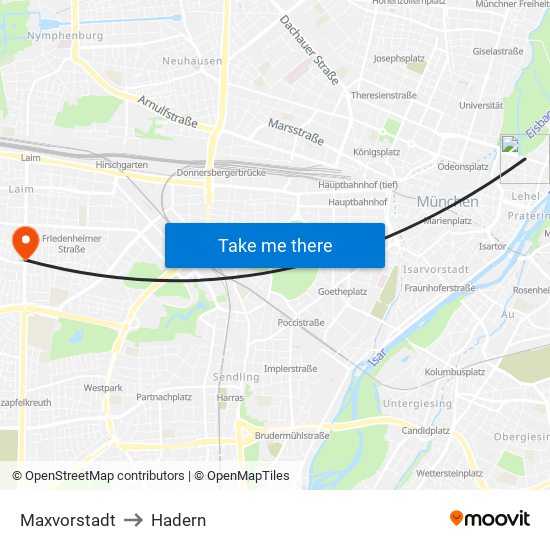 Maxvorstadt to Hadern map