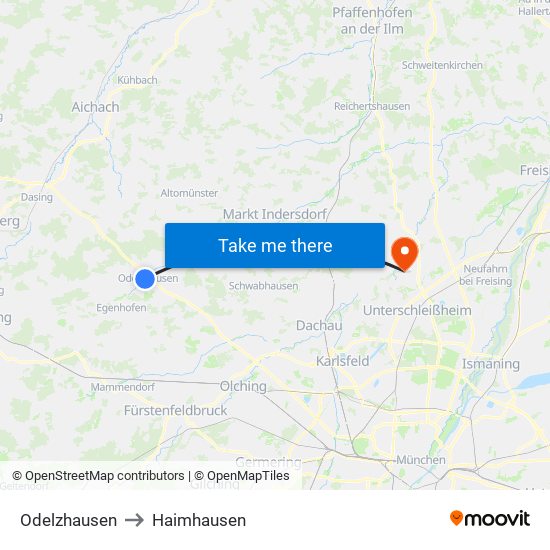 Odelzhausen to Haimhausen map