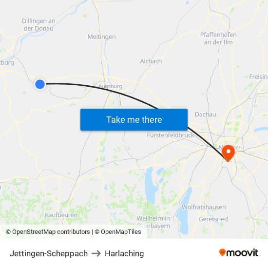 Jettingen-Scheppach to Harlaching map